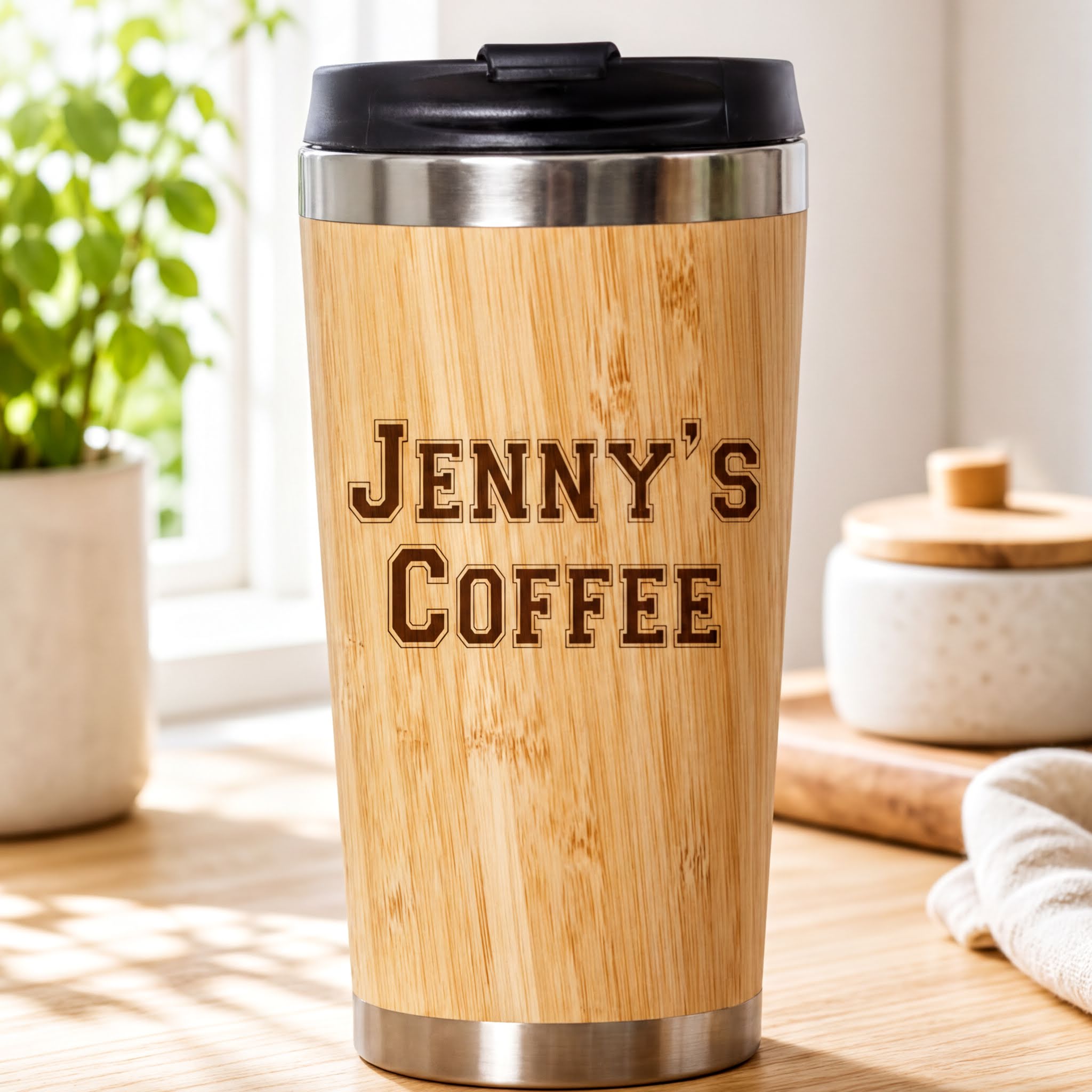 Personalised Any Name Reusable Sustainable Bamboo Travel Mug Personalised Mugs ukgiftstoreonline