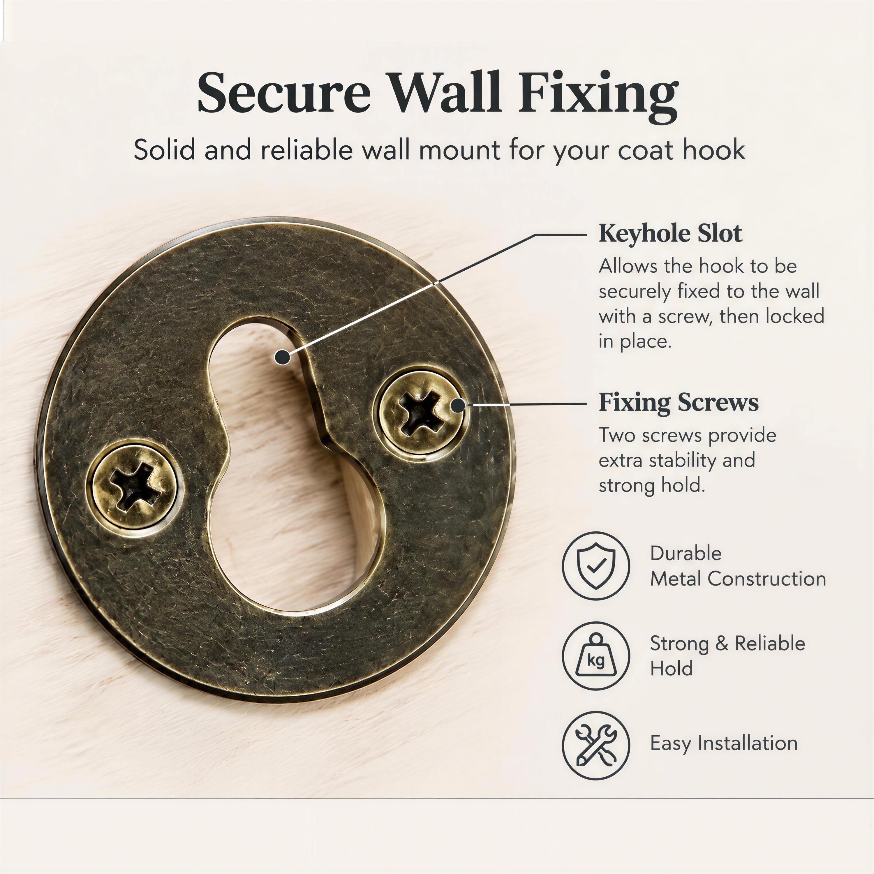 The image is a close-up of a wall-mounted keyhole, highlighting its features such as the keyhole slot, fixing screws, durability, and ease of installation.