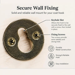 The image is a close-up of a wall-mounted keyhole, highlighting its features such as the keyhole slot, fixing screws, durability, and ease of installation.