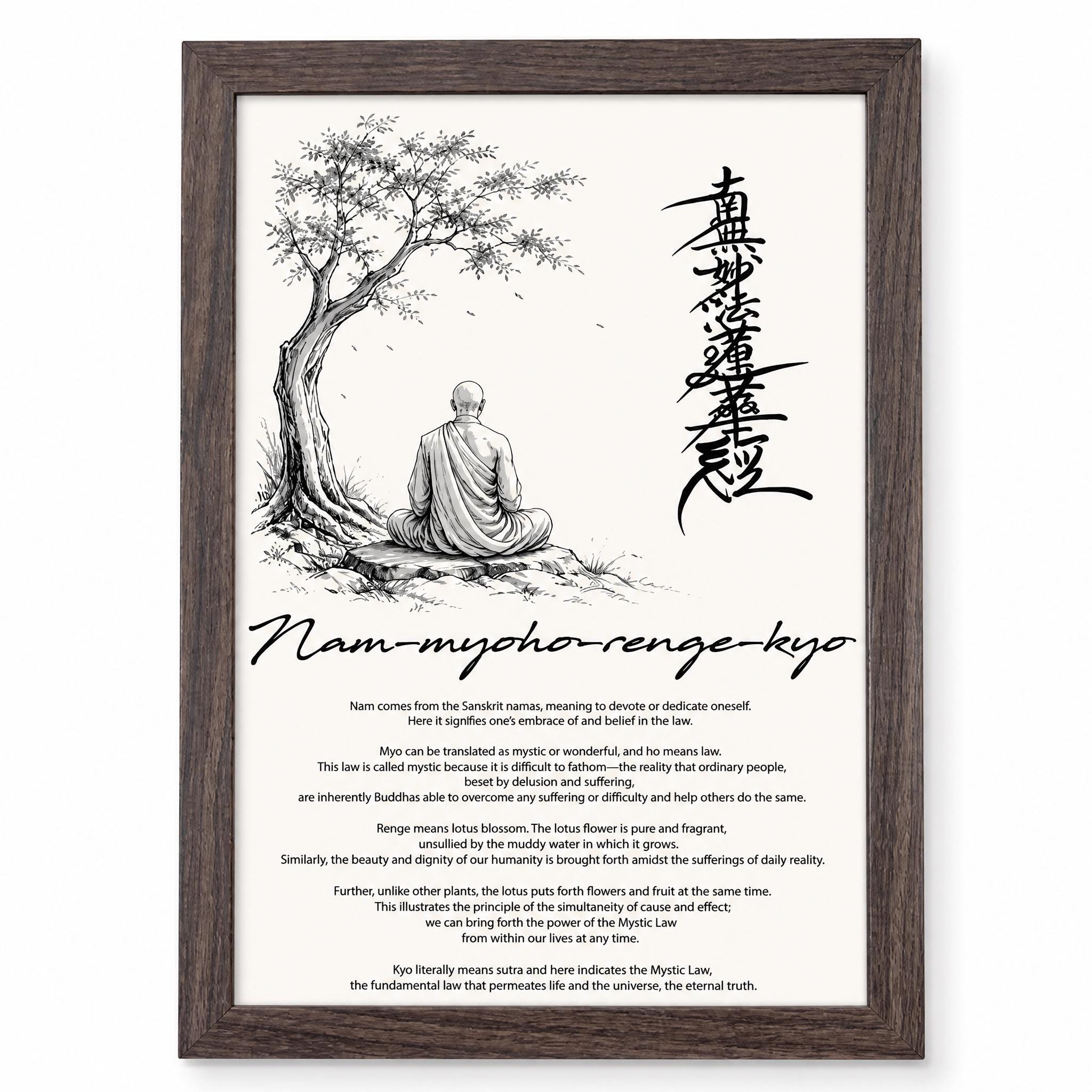 The image is a framed print featuring a black and white illustration of a person sitting in a meditative pose in front of a tree, with a Buddhist-style text overlay.