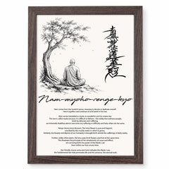 The image is a framed print featuring a black and white illustration of a person sitting in a meditative pose in front of a tree, with a Buddhist-style text overlay.