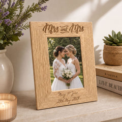Engraved Wooden Photo Frame – Personalised Mrs and Mrs Wedding Gift Oak Finish wedding photo frame ukgiftstoreonline