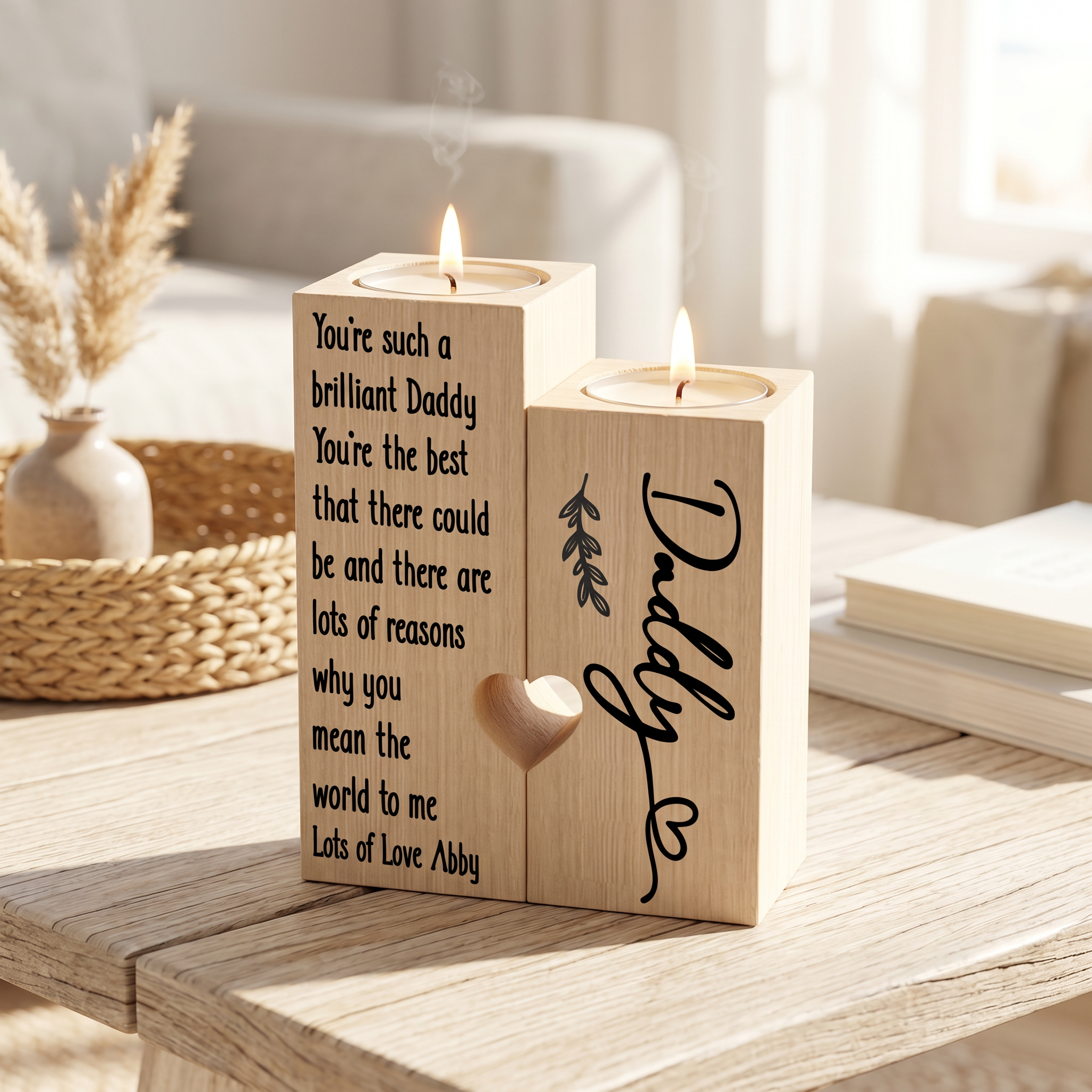 Personalised Tea Light Holder - Double Wooden Candle Gift for Daddy with Heart Cut Out Tea Light Holder ukgiftstoreonline