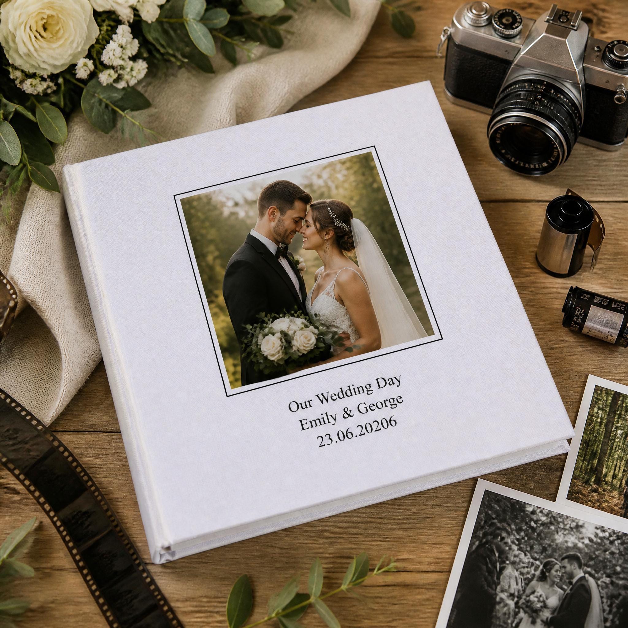 a wedding album with a photograph of a bride and groom, surrounded by wedding-related items such as a camera, a bouquet of flowers, and other wedding-related items.