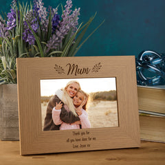 Personalised Wooden Mum Photo Frames Engraved Any Message Multiple Sizes With Leaves