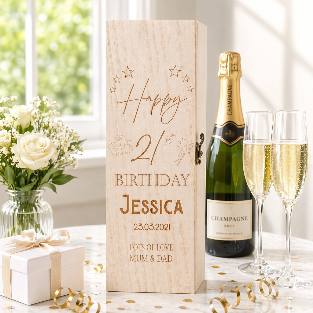 Personalised Birthday Any Age Wooden Wine or Champagne Gift Box Champagne Bottle Holders ukgiftstoreonline