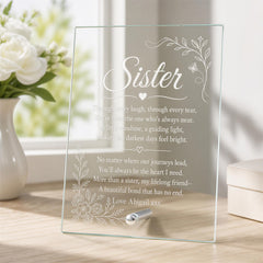 A glass frame with a heartfelt message about a sister, placed on a wooden surface next to a vase of white flowers.