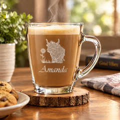 Personalised Engraved Glass Coffee Cup, Tea Cup, Any Name and Highland Cow Personalised Birthday Gift ukgiftstoreonline