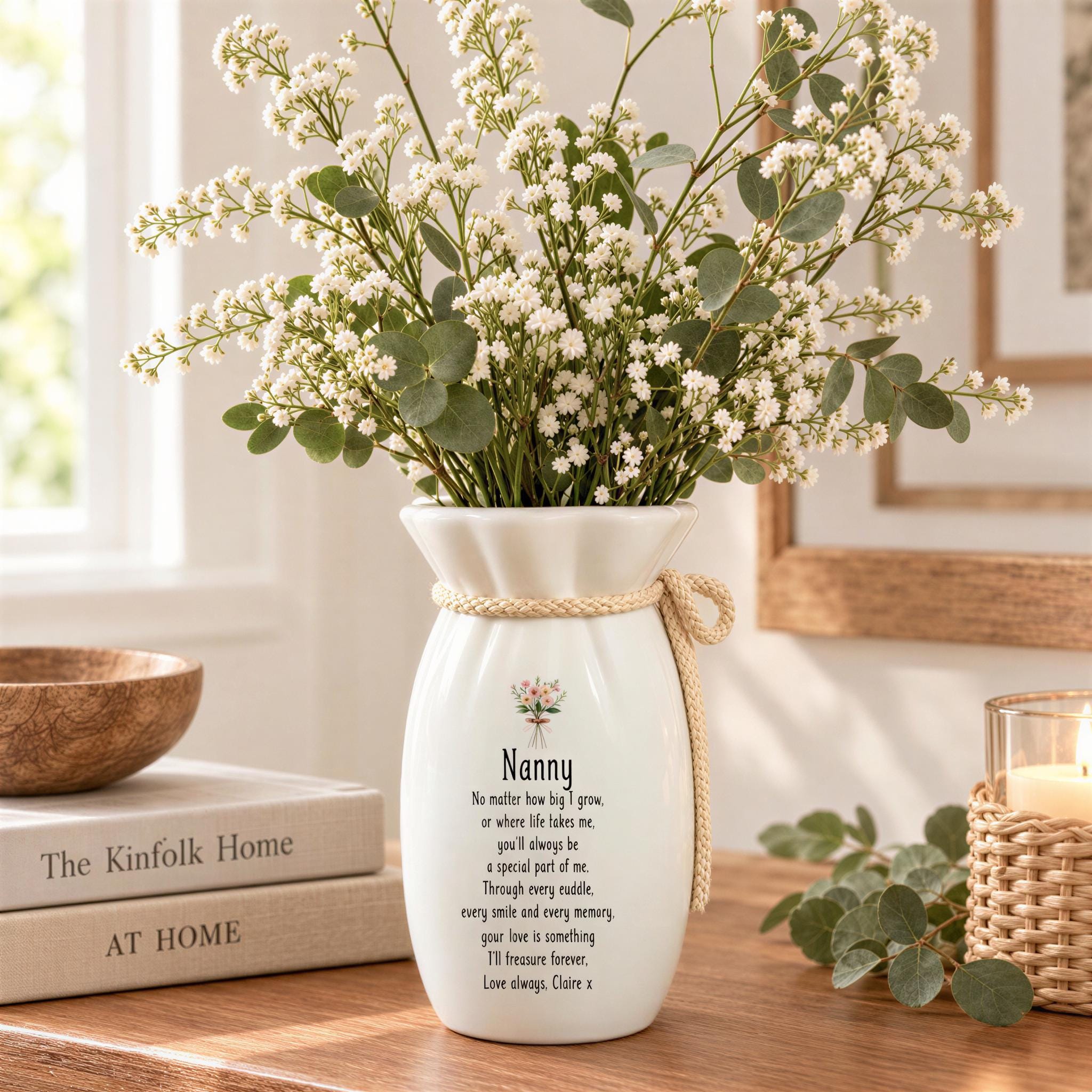 A white vase with a floral arrangement sits on a wooden surface, accompanied by a book titled "The Kinfolk Home" and a candle holder.
