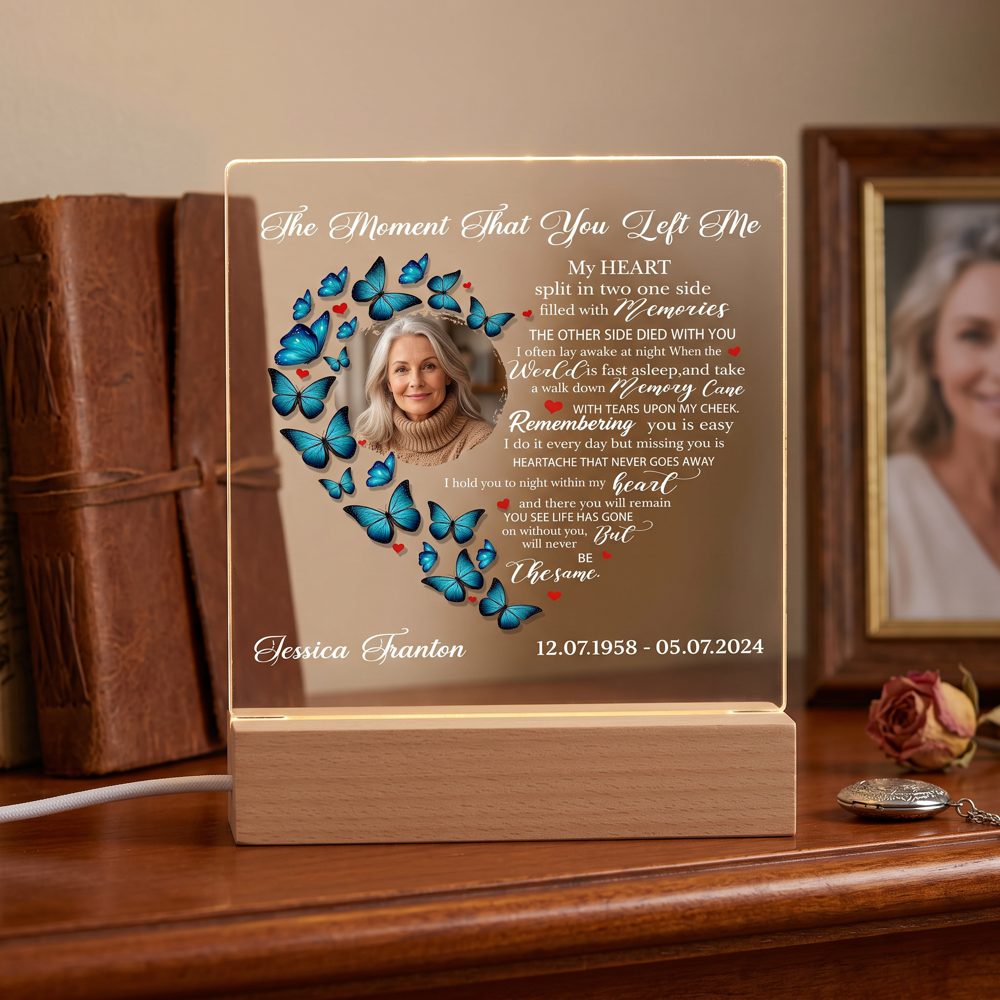 Personalised Photo Memorial Lamp Night Light Condolence Sympathy Gift Heart Butterfly Personalised Heart Gifts ukgiftstoreonline