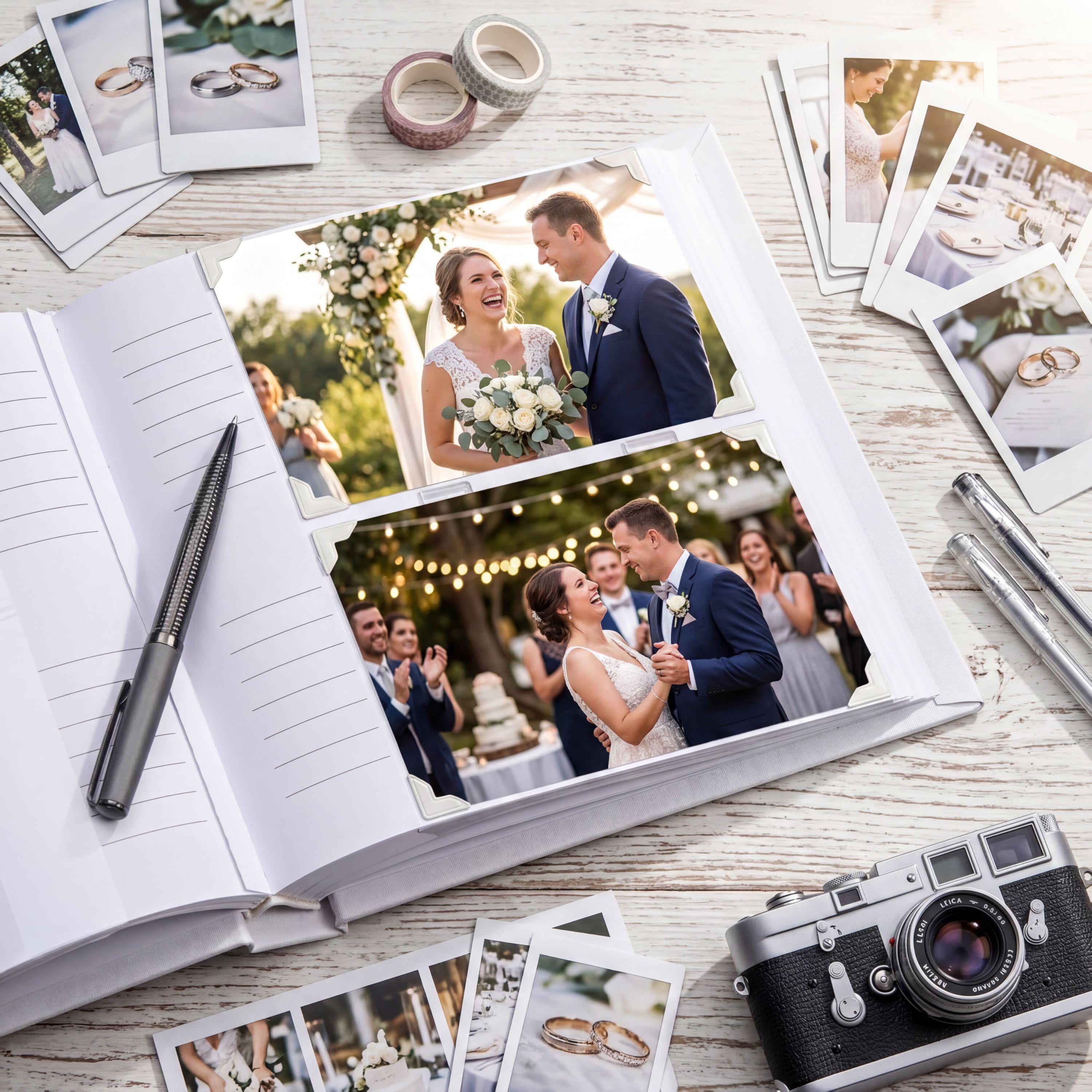 The image is a collage of two photographs depicting a bride and groom at their wedding, surrounded by wedding decorations, guests, and a camera.