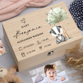 Personalised Wooden Baby Memory Keepsake Box With Furry Cute Boho Animals