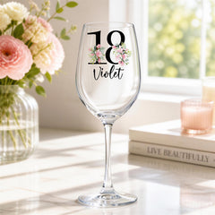 18Th Birthday Floral Wine Glass, Personalised, UV Printed, 400Ml ukgiftstoreonline