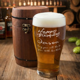 Personalised Happy Birthday Beer Glass Gift In Vintage Wooden Barrell Gift Box