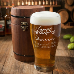 Personalised Happy Birthday Beer Glass Gift In Vintage Wooden Barrell Gift Box