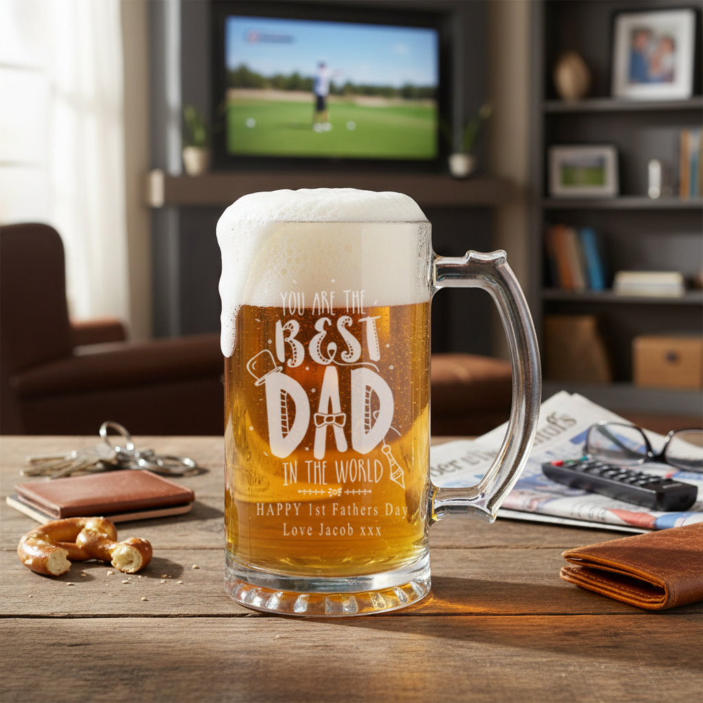 Personalised Engraved Best Dad In The World Father Day Birthday Christmas Beer Glass Gift personalised beer glasses ukgiftstoreonline