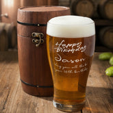 Personalised Happy Birthday Beer Glass Gift In Vintage Wooden Barrell Gift Box