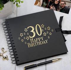 30th Birthday Black Scrapbook, Guest Book Or Photo Album with Gold Script