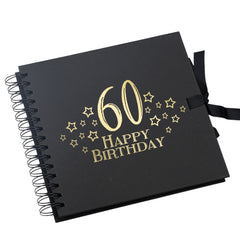 60th Birthday Black Scrapbook, Guest Book Or Photo Album with Gold Script