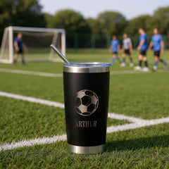 Personalised Engraved Thermal Travel Mug Any Name Football Gift With Metal Straw