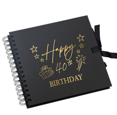 40th Birthday Black Scrapbook Photo Album with Gold Script Present Design