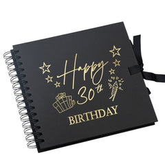 30th Birthday Black Scrapbook Photo Album with Gold Script Present Design
