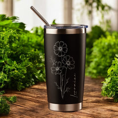 Personalised Engraved Thermal Travel Mug Any Name and Flower Gift With Metal Straw