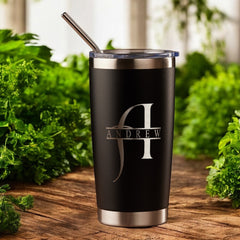 Personalised Engraved Thermal Travel Mug Any Name and Initial Gift With Metal Straw