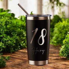 Personalised Engraved Thermal Travel Mug Any Age Birthday Gift With Metal Straw