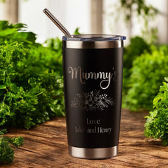 Personalised Engraved Thermal Travel Mug Gift For Her Reusable Coffee Tumbler Cup With Metal Straw Flower Theme