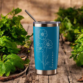 Personalised Engraved Thermal Travel Mug Any Name and Flower Gift With Metal Straw