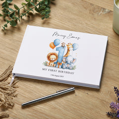 Personalised 1st Birthday Guest Book With Safari Animals Guest Book ukgiftstoreonline Blue