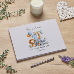 Personalised Luxury Large A4 1st Birthday Linen Cover Guestbook With Safari Animal Theme