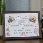 Personalised Baby Girl Photo Frame, A4 Framed Print and Photos with Birth Details