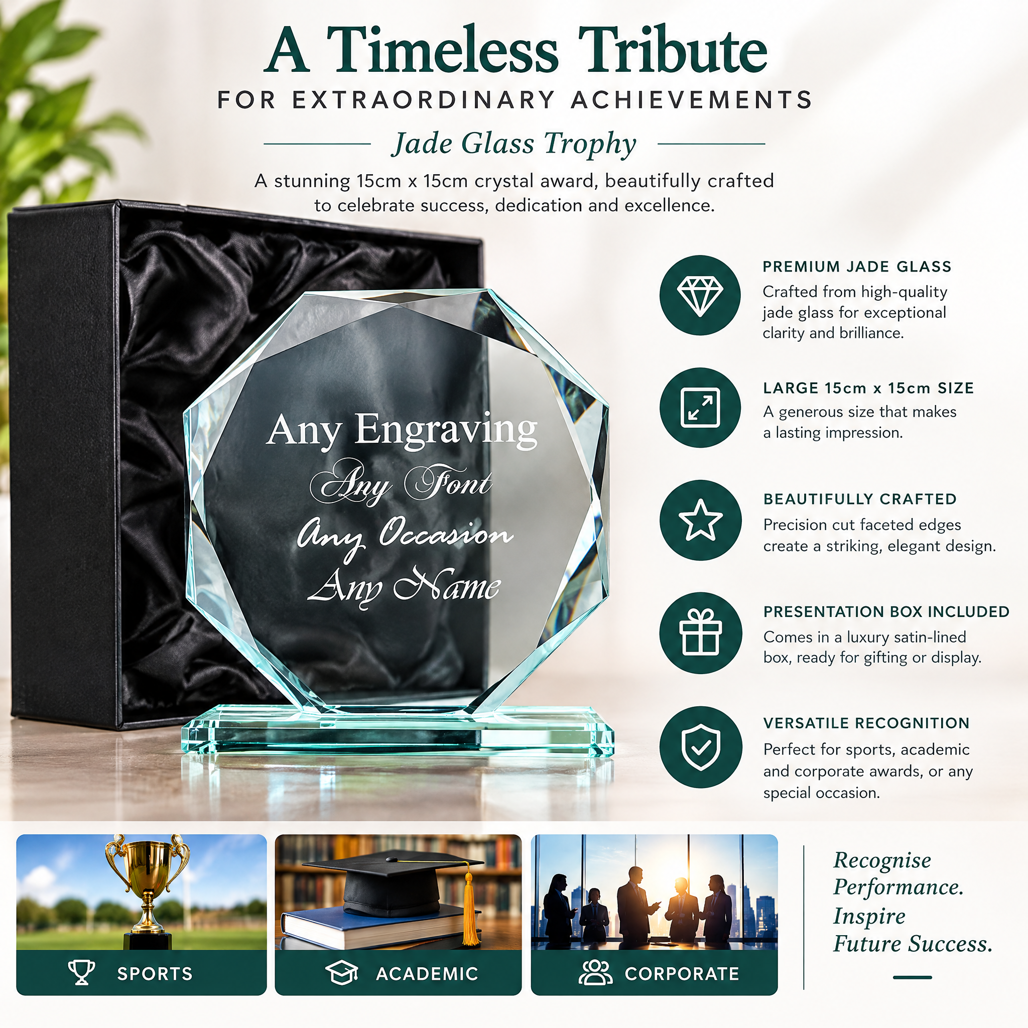 Personalised Jade Glass Trophy, 15Cm Octagonal Award For Engraving Jade Glass ukgiftstoreonline