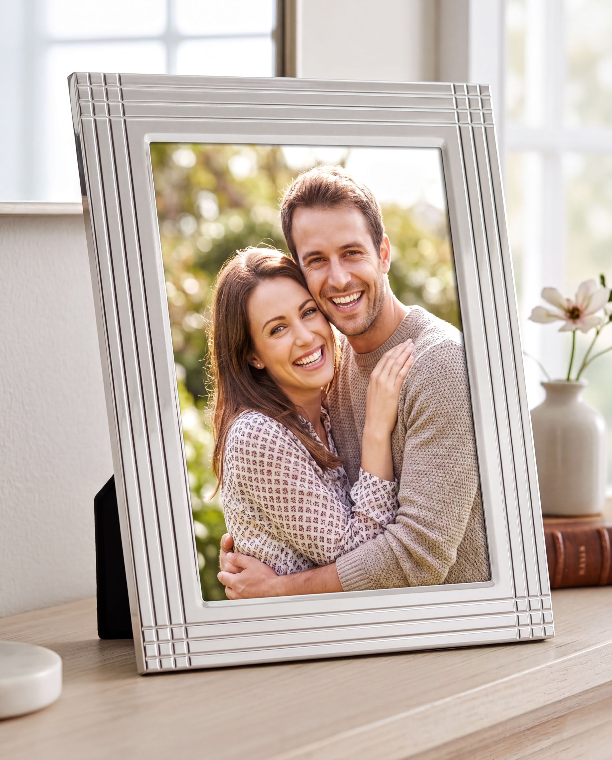 A happy couple embracing each other in a white picture frame, with a vase of flowers and a book on a shelf in the background.