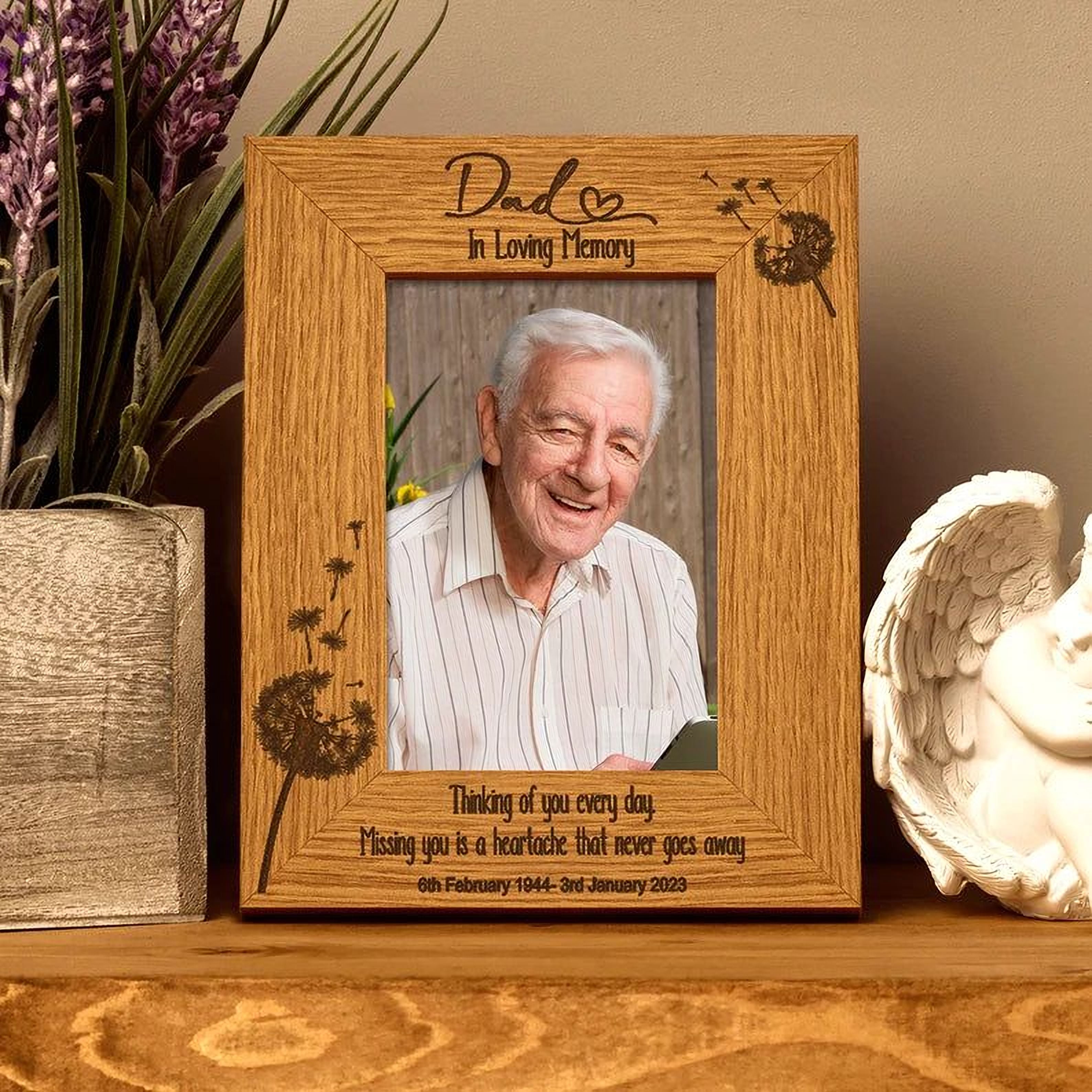 Dad Remembrance Photo Frame Personalised Portrait With Dandelions personalised photo frames ukgiftstoreonline