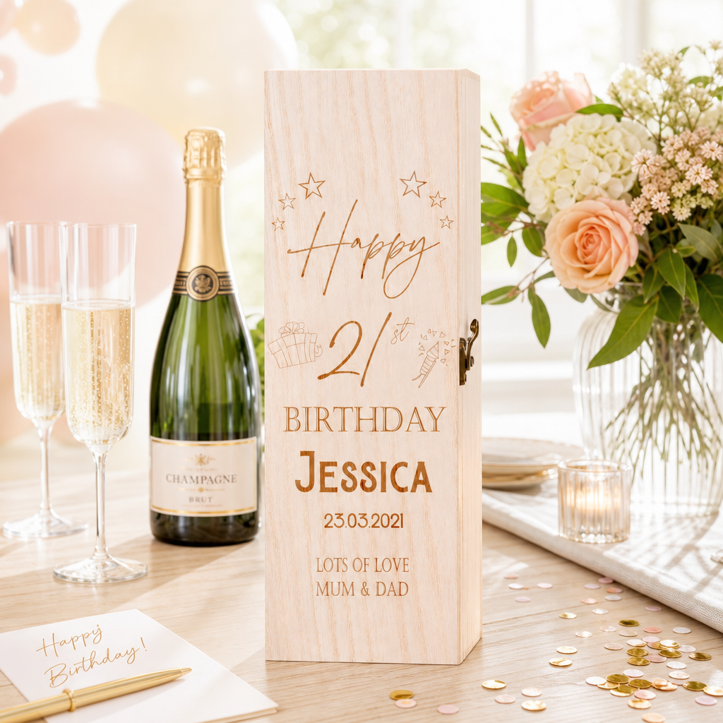 Personalised Birthday Any Age Wooden Wine or Champagne Gift Box Champagne Bottle Holders ukgiftstoreonline