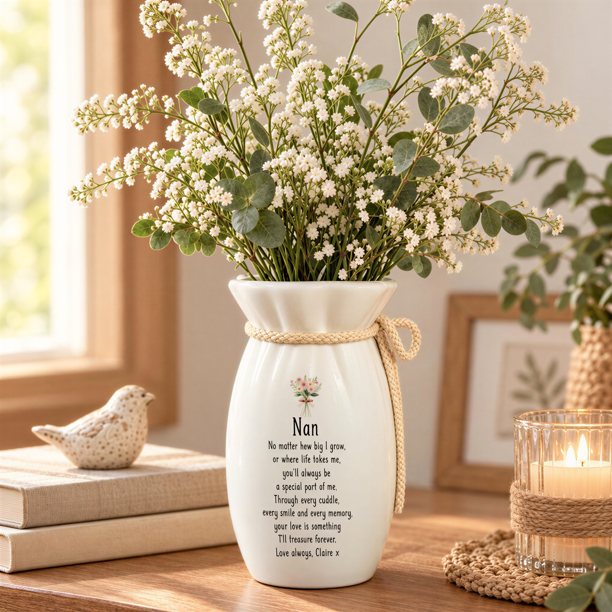 A white vase with a personalized message, a small bird figurine, and a candle on a wooden table.