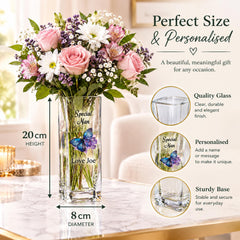 a beautiful bouquet of pink roses and white daisies arranged in a clear glass vase. The vase has a 20 cm height and 8 cm diameter, and it is described as a perfect size and a personalized gift for any occasion.