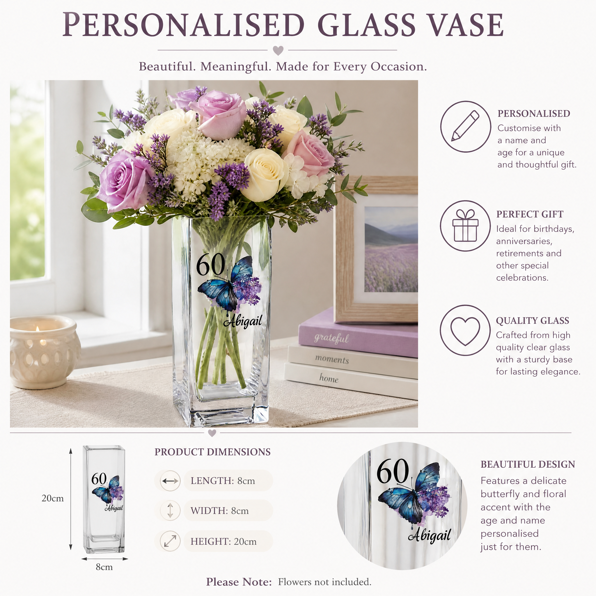 Personalised 60th Birthday Flower Vase Gift Present With Butterfly Personalised Flower Vase ukgiftstoreonline
