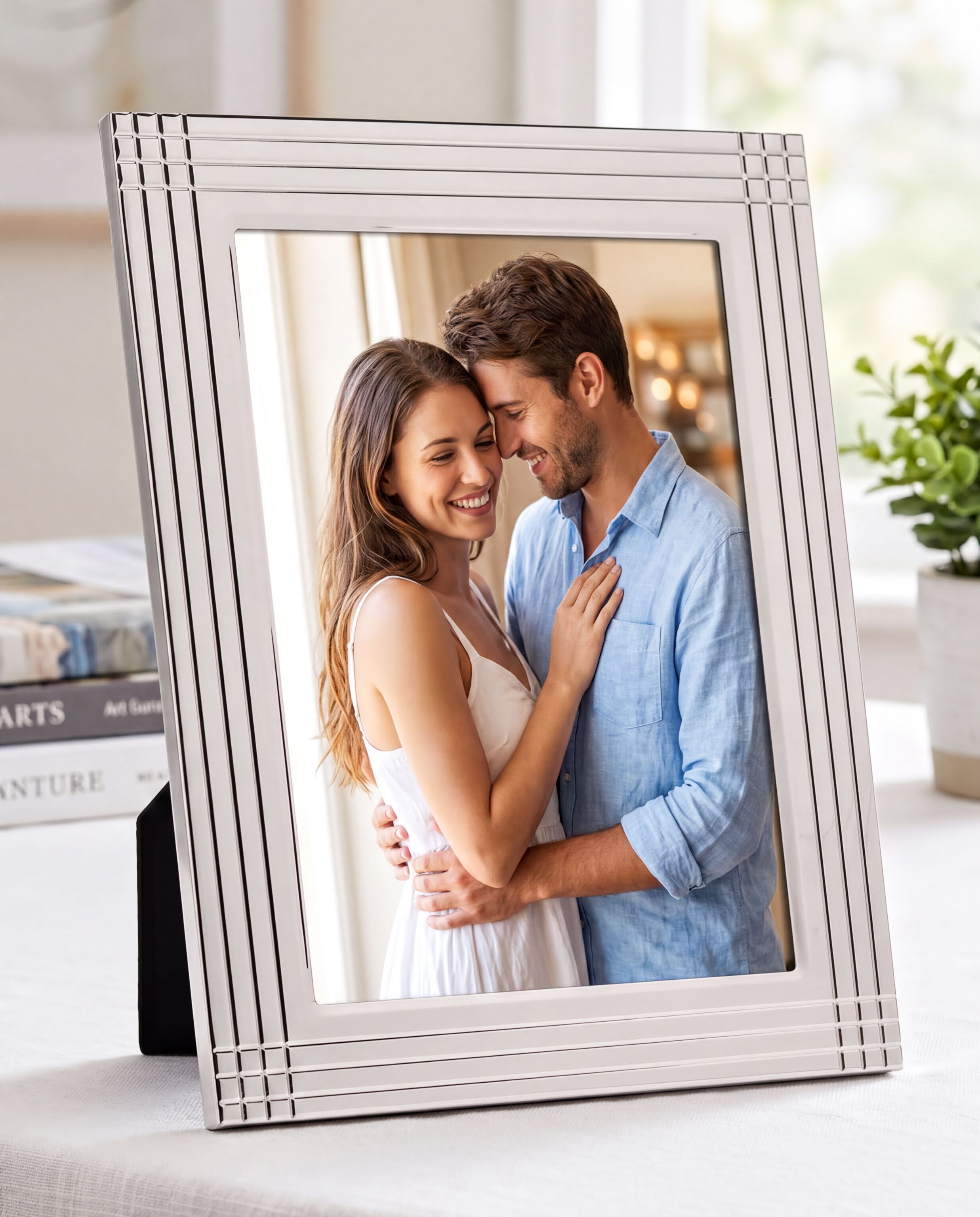 A couple embracing each other in a white picture frame on a table.