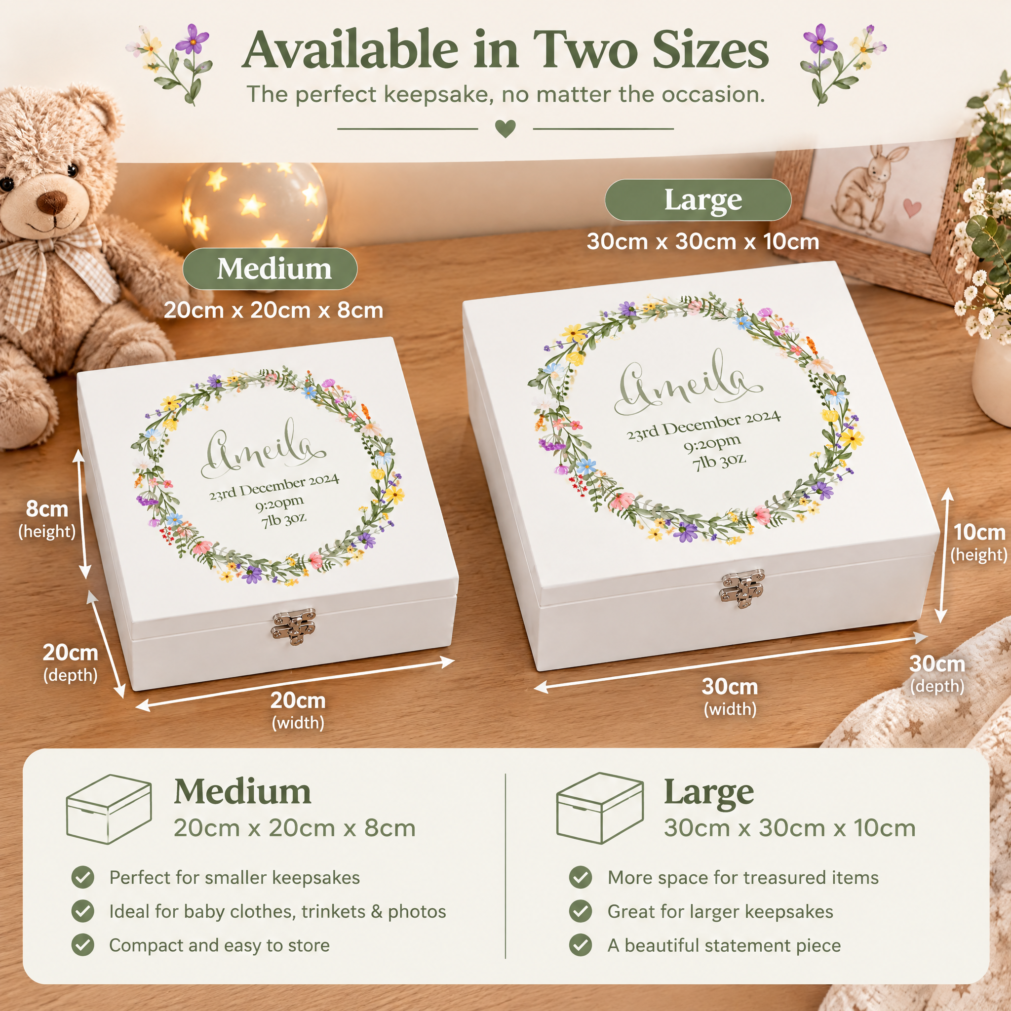 Personalised Baby Girl Memory Keepsake Box with Wildflower Wreath New Parents ukgiftstoreonline