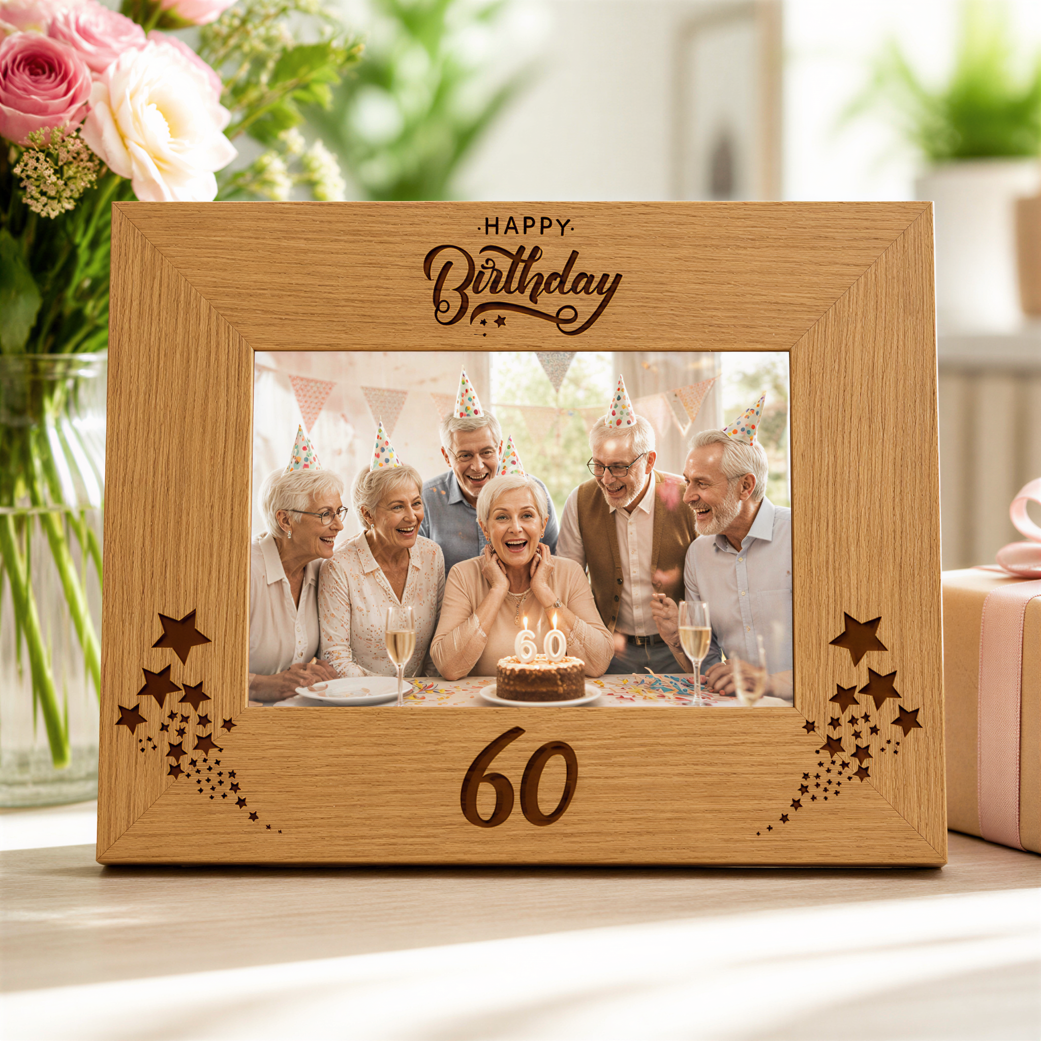 60th Birthday Photo Frame, Wooden Oak Finish Gift Display Stand Birthday Photo Frame ukgiftstoreonline