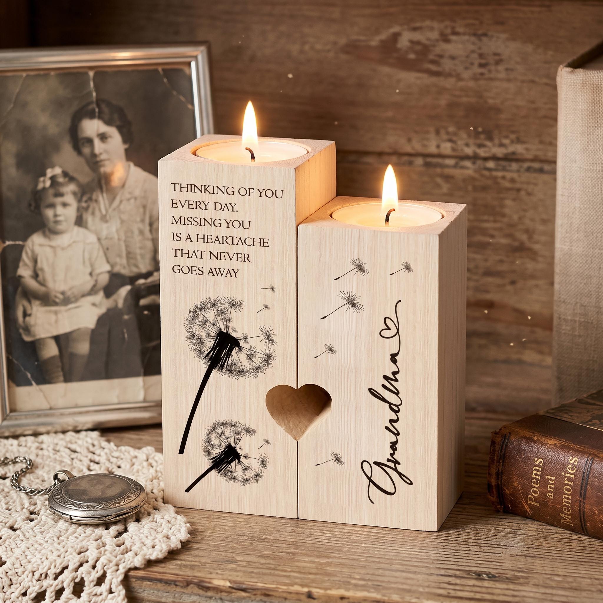 a pair of wooden candle holders with a heart cutout, each containing a candle, placed on a wooden surface. There is also a framed photograph of a woman and child in the background, along with some books and a lace doily.