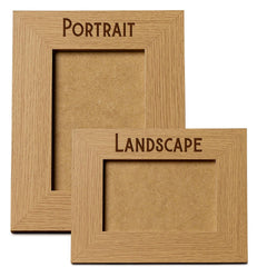 Two wooden picture frames, one labeled "Portrait" and the other labeled "Landscape", are shown against a white background.
