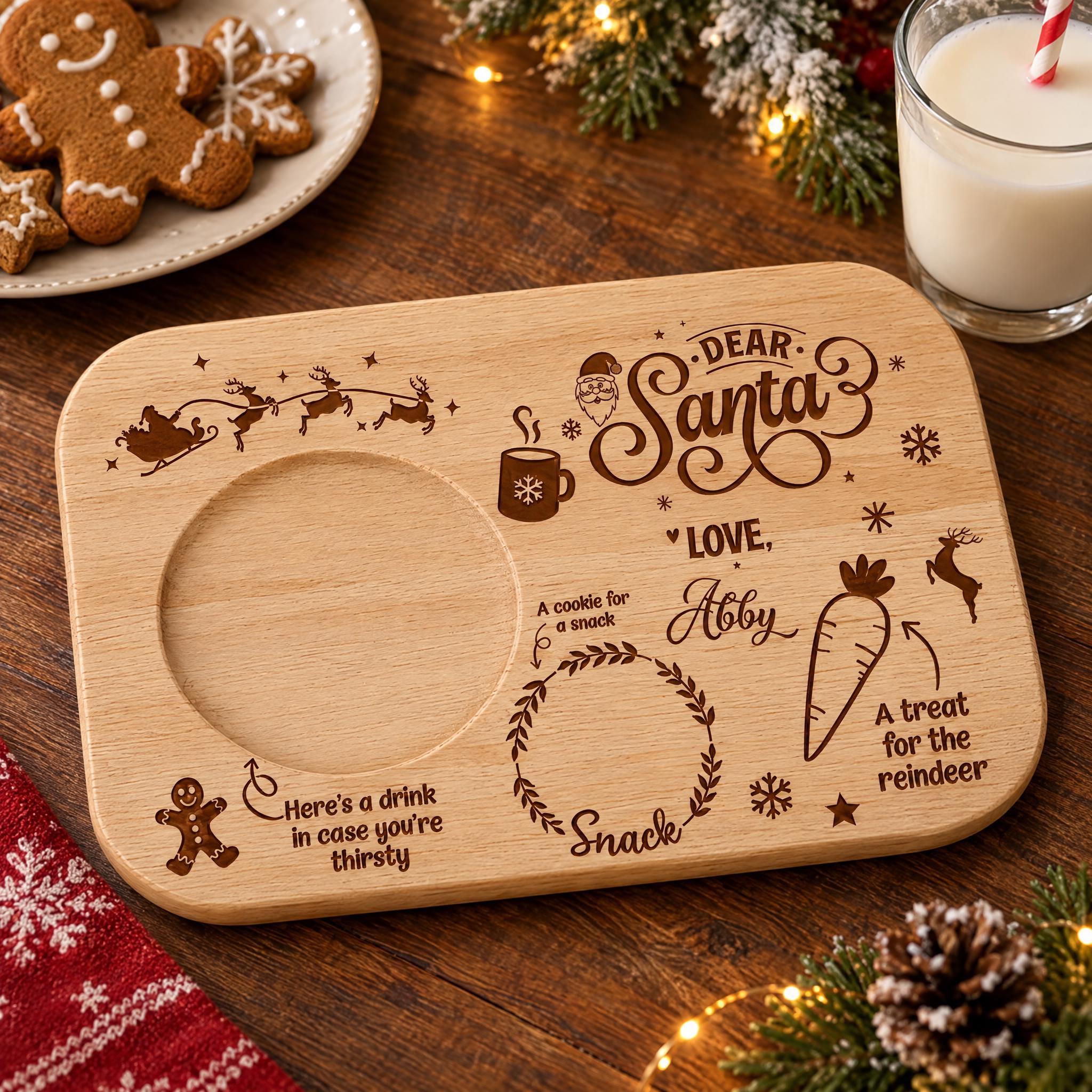 A wooden tray with a personalized message and various holiday-themed items, including gingerbread cookies, a glass of milk, and Christmas decorations.