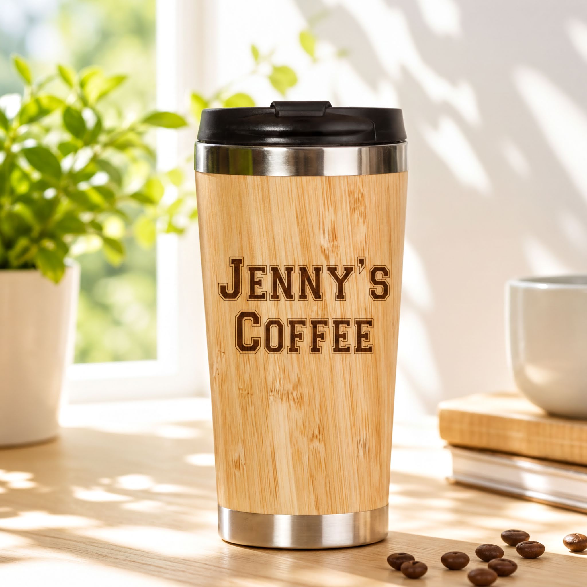 Personalised Any Name Reusable Sustainable Bamboo Travel Mug Personalised Mugs ukgiftstoreonline