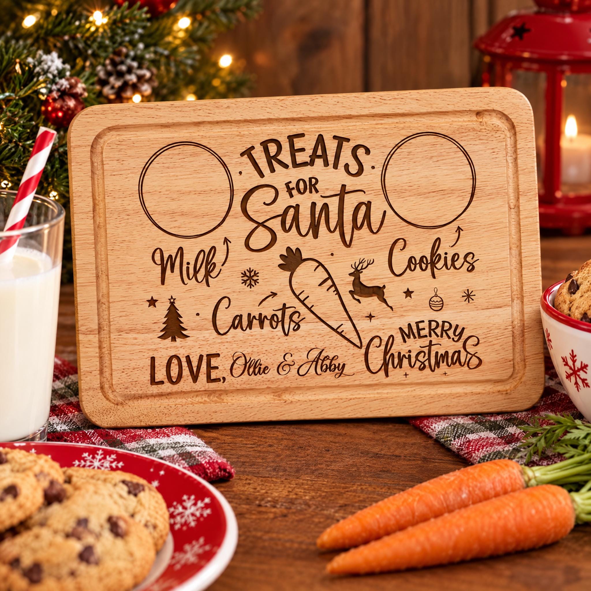 A wooden treat board with a message about treats for Santa Claus, surrounded by Christmas decorations and food items.