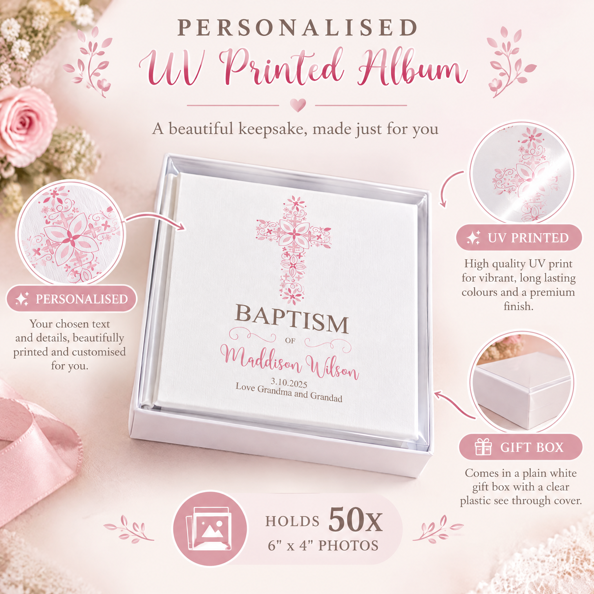 Personalised Baptism Photo Album, Ornate Pink Cross Keepsake Gift Baptism Photo Album ukgiftstoreonline